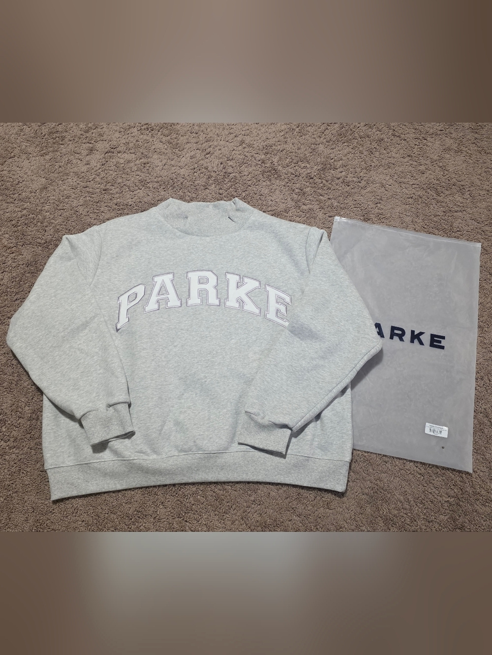 Parke Women's Fleece Varsity Mockneck Sweatshirt in Classic Grey & White - NIB
